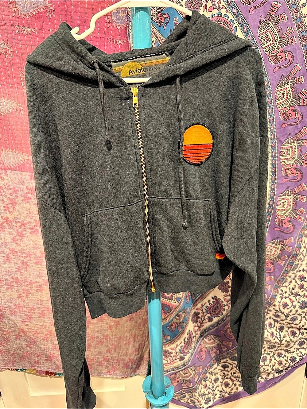 Aviator Nation Sunset Patch Relaxed Cropped Zip Hoodie Black